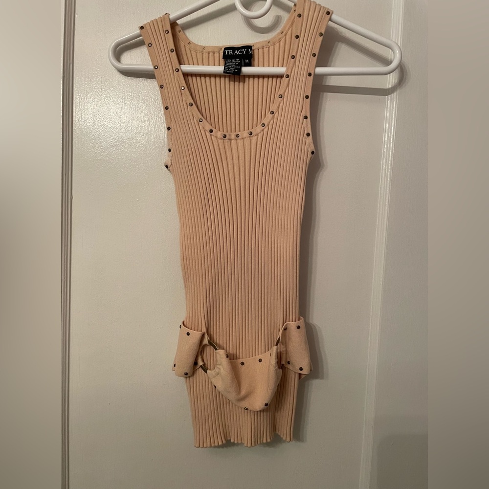 Tracy M. Beige Ribbed Fitted Tank